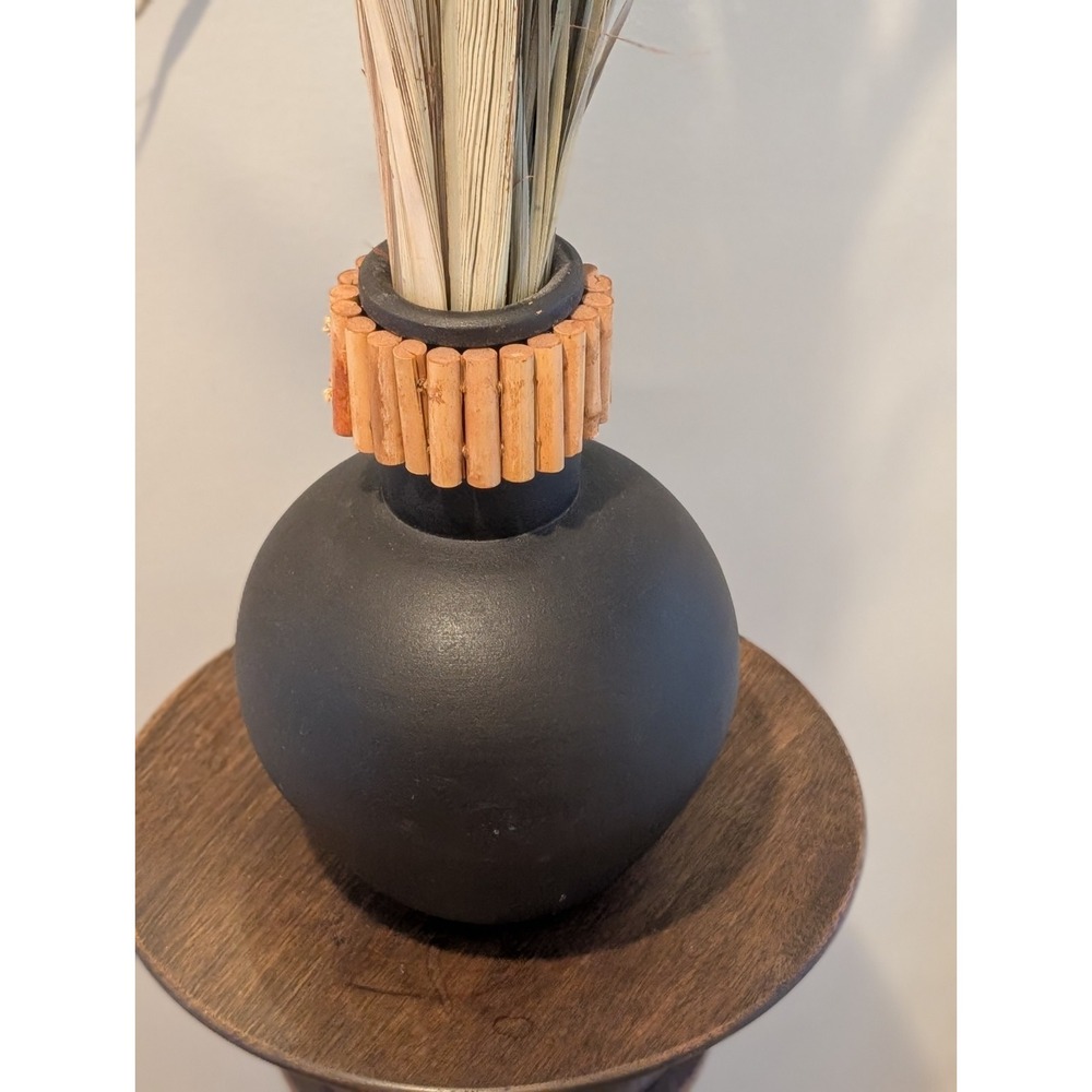 12" Vintage Mid Century Black Terracotta Ball Vase - Art Deco Globe Urn Pottery